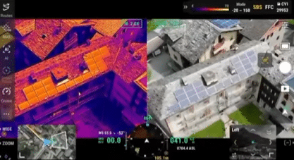 Thermographie par drone de panneaux solaires, vue thermique ironbow et vue visible